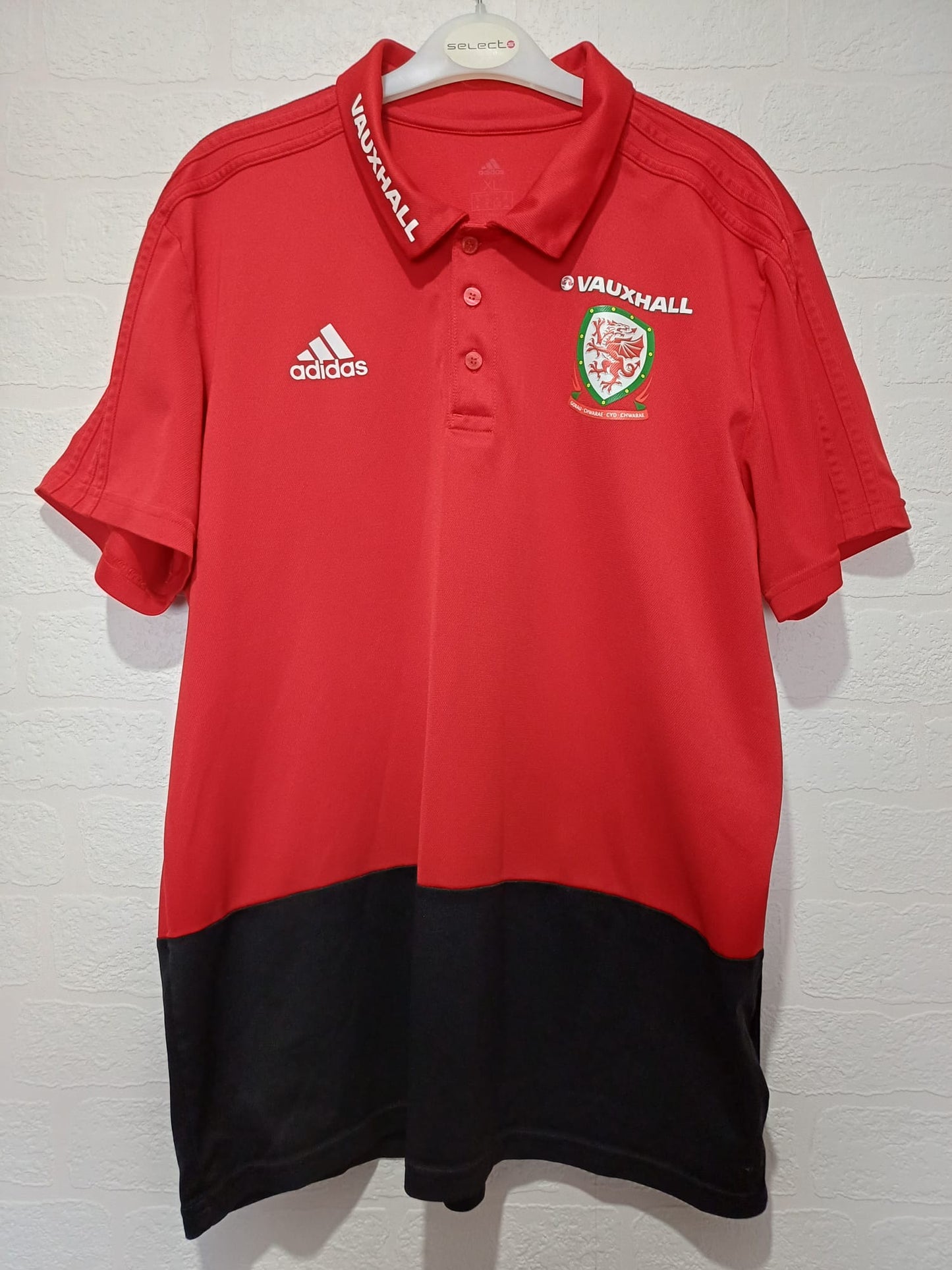 Men's Football Polo Shirt Adidas Wales FA Red & Black Short Sleeve XL Approx. 23" PTP - Very Good Condition