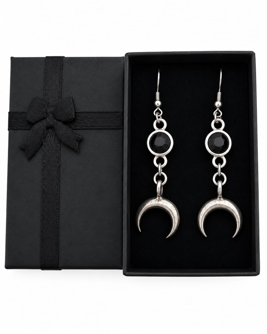 Silver Tone Black Crystal Crescent Moon Drop Dangle Earrings Gothic Style Gift Boxed New