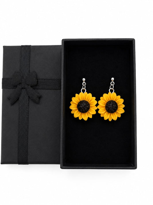 Silver Tone Yellow Sunflower Drop Dangle Earrings Floral Style Gift Boxed New