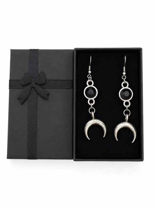 Silver Tone Black Crystal Crescent Moon Drop Dangle Earrings Gothic Style Gift Boxed New