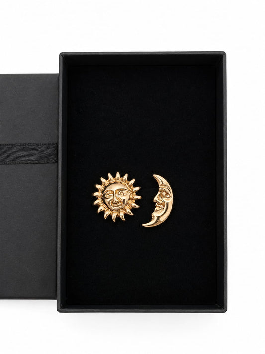 Gold Tone Sun & Moon Stud Earrings Celestial Style Gift Boxed New
