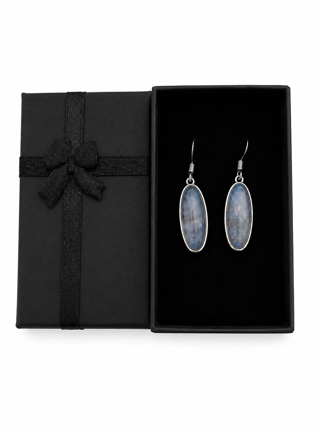 Silver Tone Blue Oval Stone Drop Dangle Earrings Boho Style Gift Boxed New