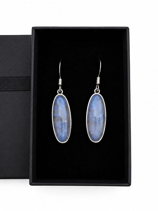 Silver Tone Blue Oval Stone Drop Dangle Earrings Boho Style Gift Boxed New