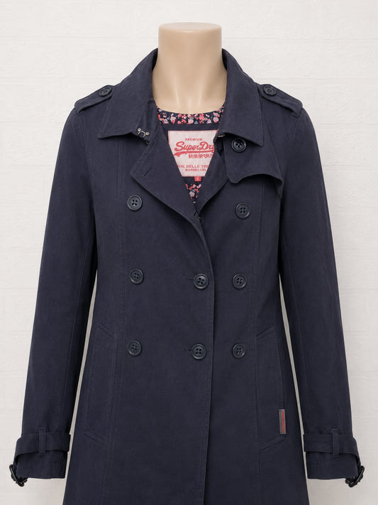 Women's Trench Coat Superdry Navy Blue Double Breasted XL Approx. 20" PTP - Good Condition