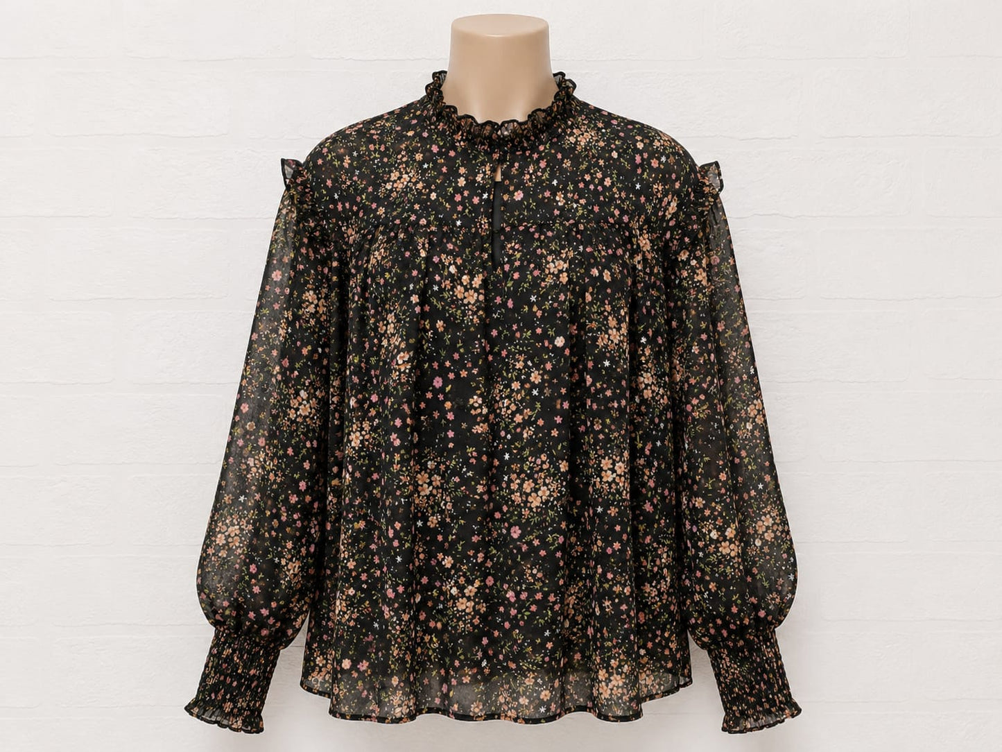 Women's Blouse New Look Black Pink Orange Floral Frill High Neck Sheer Long Sleeve Size 14 Approx. 21" PTP - Very Good Condition