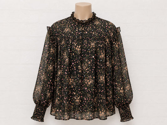 Women's Blouse New Look Black Pink Orange Floral Frill High Neck Sheer Long Sleeve Size 14 Approx. 21" PTP - Very Good Condition