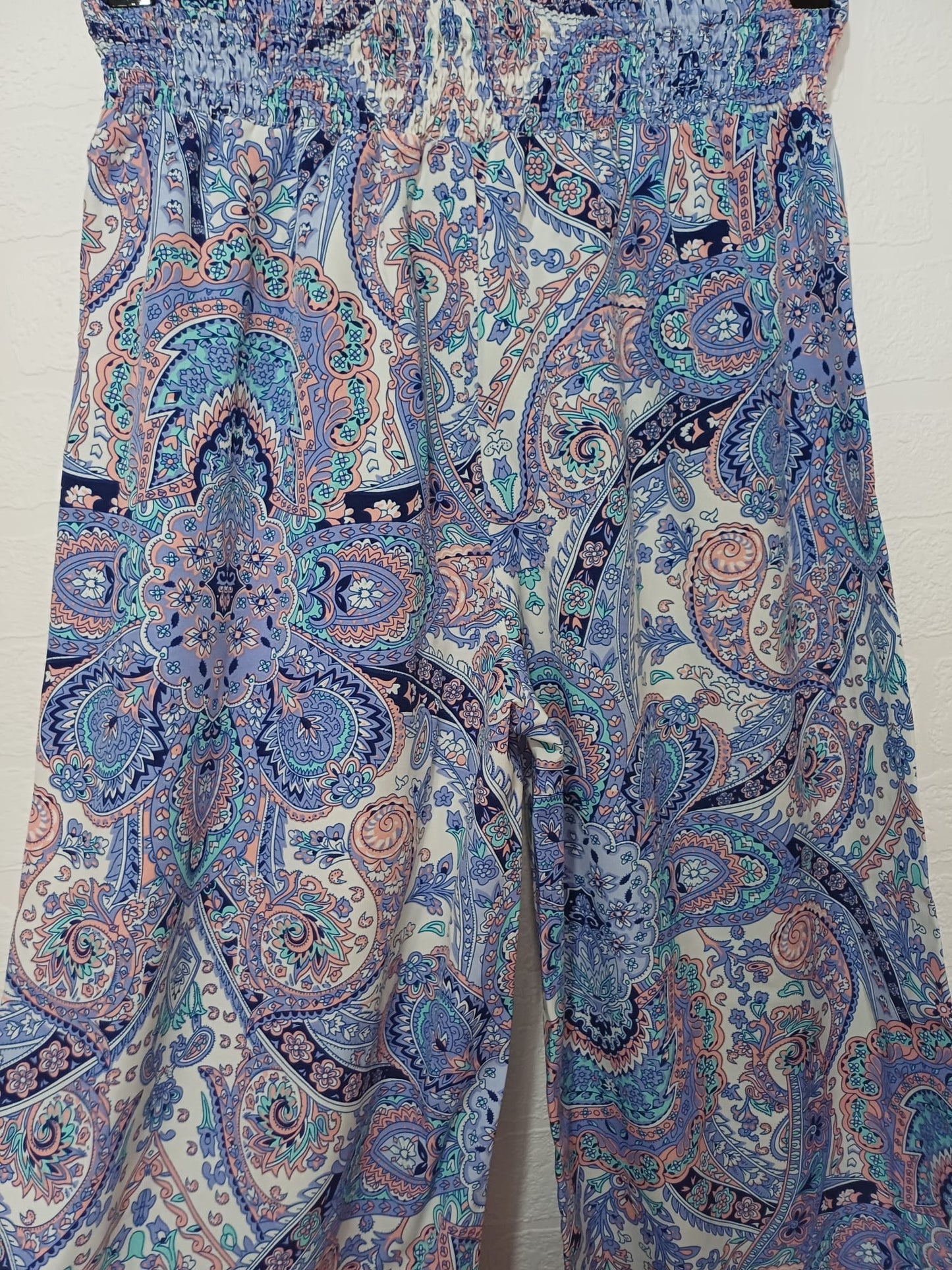 Women's Palazzo Trousers SHEIN Purple Turquoise Peach Paisley Wide Leg High Waist Size L Approx. 26" PTP - Very Good Condition
