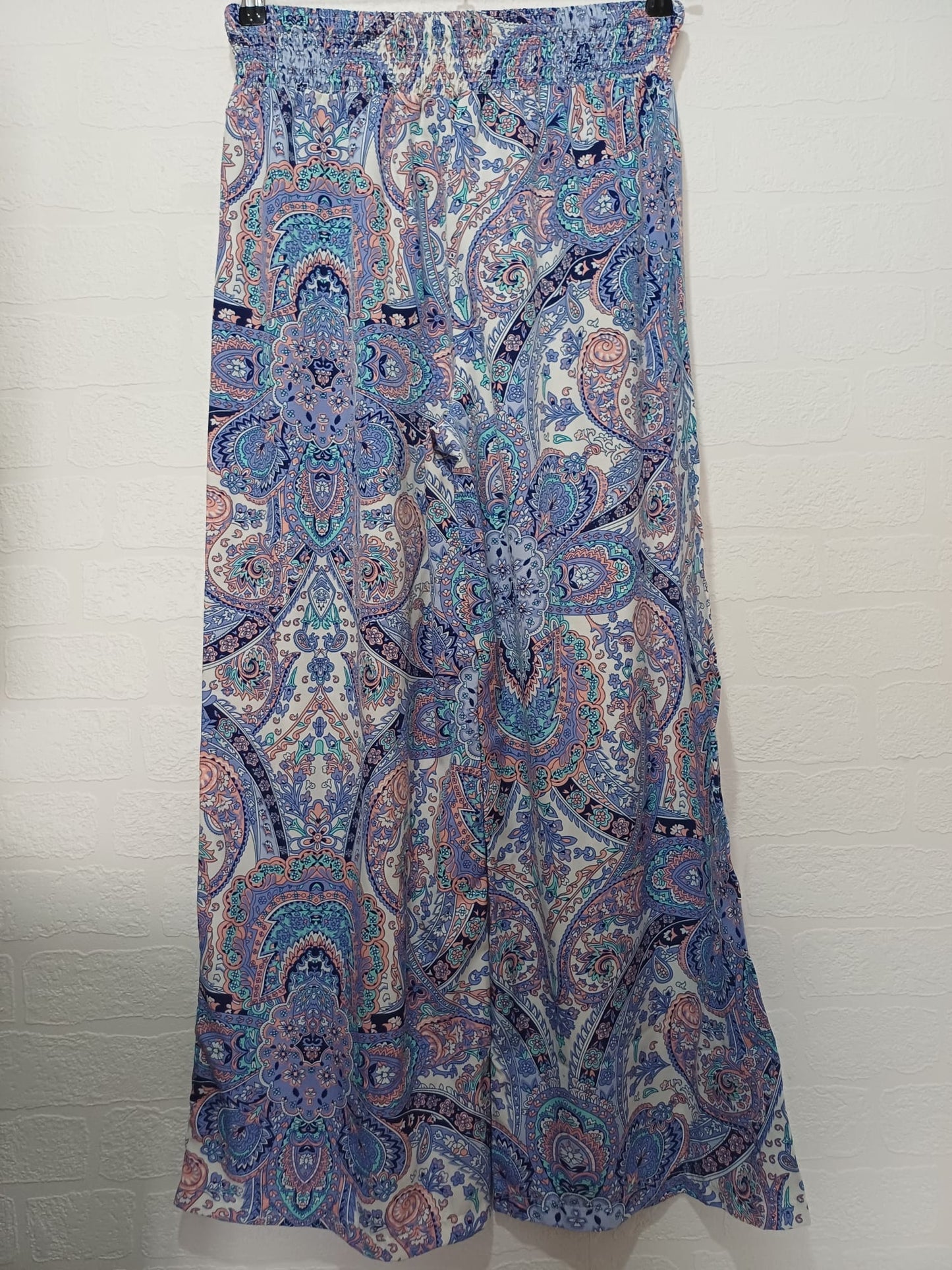 Women's Palazzo Trousers SHEIN Purple Turquoise Peach Paisley Wide Leg High Waist Size L Approx. 26" PTP - Very Good Condition