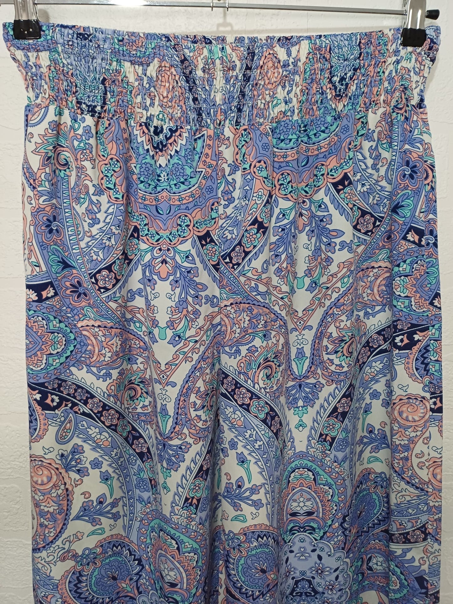 Women's Palazzo Trousers SHEIN Purple Turquoise Peach Paisley Wide Leg High Waist Size L Approx. 26" PTP - Very Good Condition