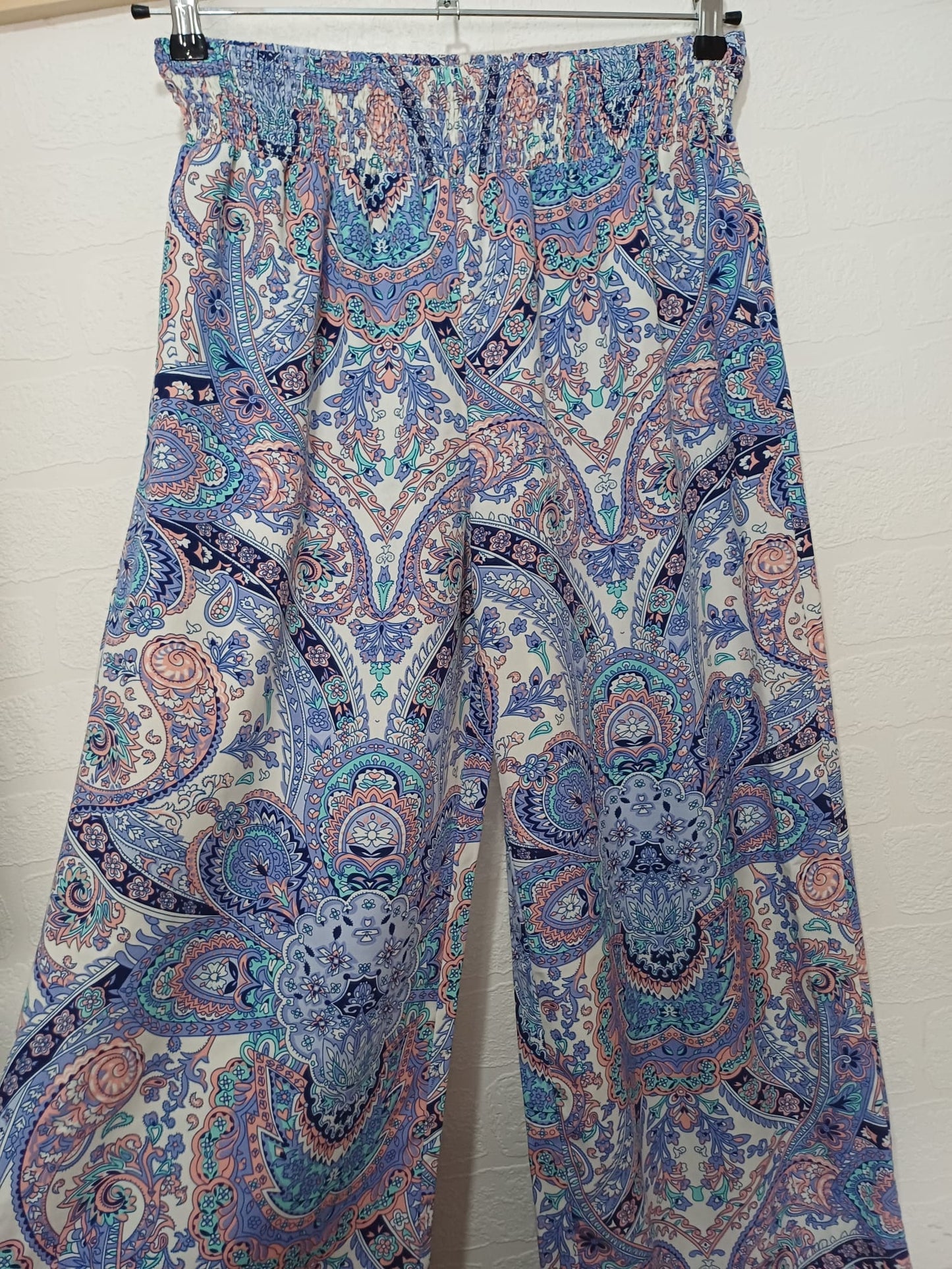 Women's Palazzo Trousers SHEIN Purple Turquoise Peach Paisley Wide Leg High Waist Size L Approx. 26" PTP - Very Good Condition