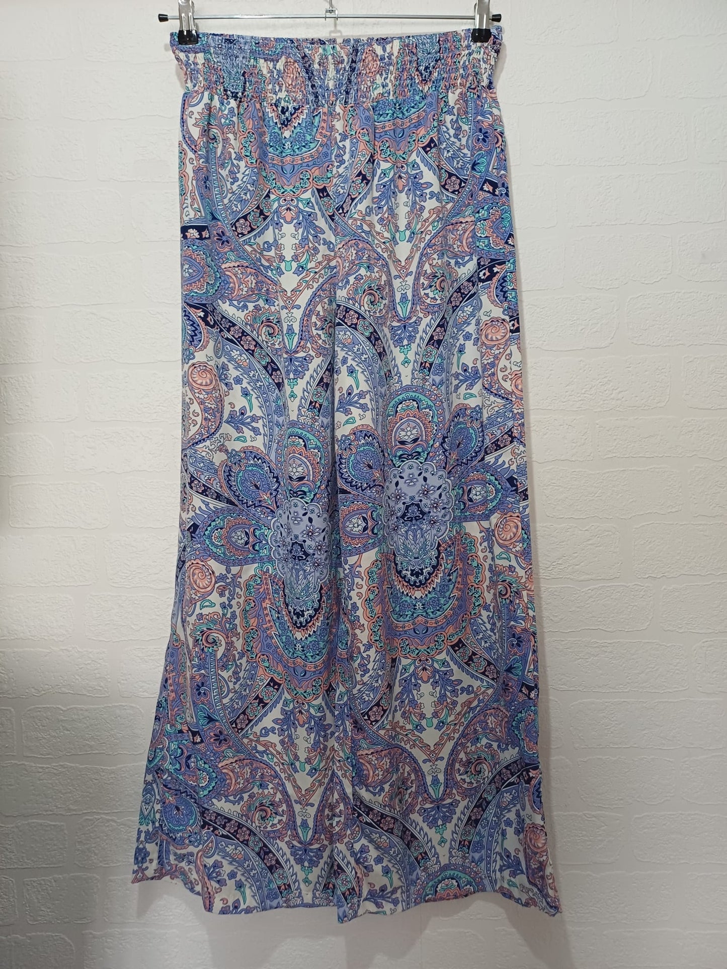 Women's Palazzo Trousers SHEIN Purple Turquoise Peach Paisley Wide Leg High Waist Size L Approx. 26" PTP - Very Good Condition