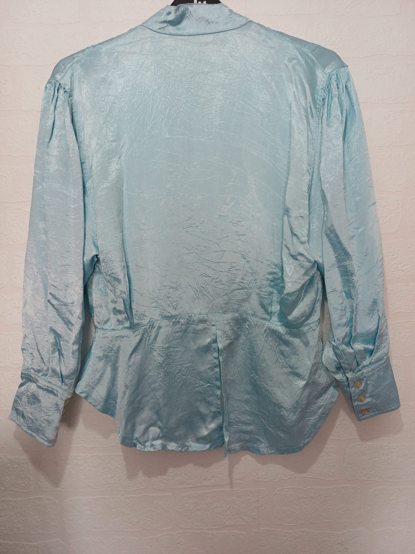 Women's Peplum Blouse Chillytime Sky Blue Satin Pussy Bow Vintage Size 14-16 Approx. 22" PTP - Good Condition