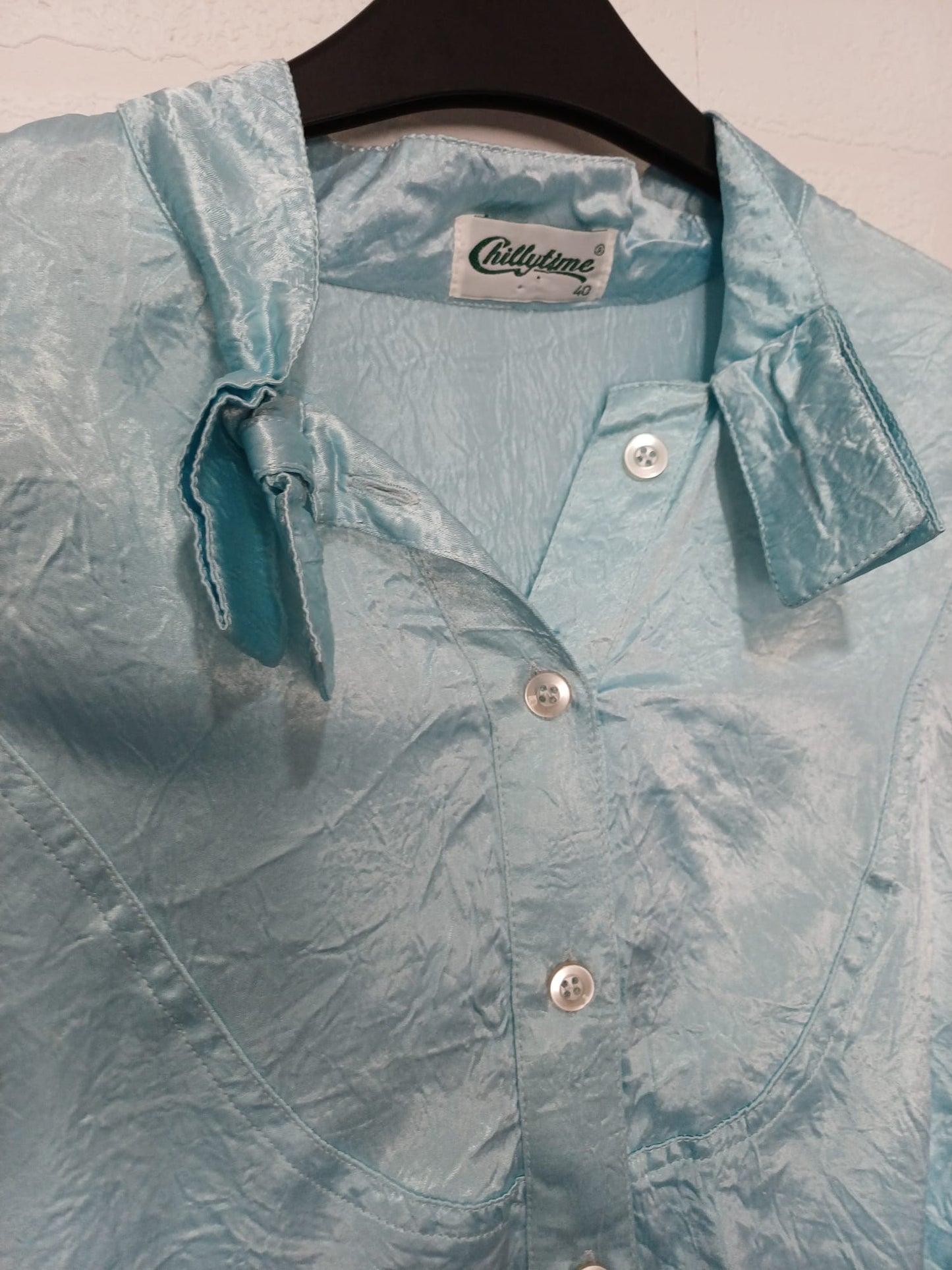Women's Peplum Blouse Chillytime Sky Blue Satin Pussy Bow Vintage Size 14-16 Approx. 22" PTP - Good Condition