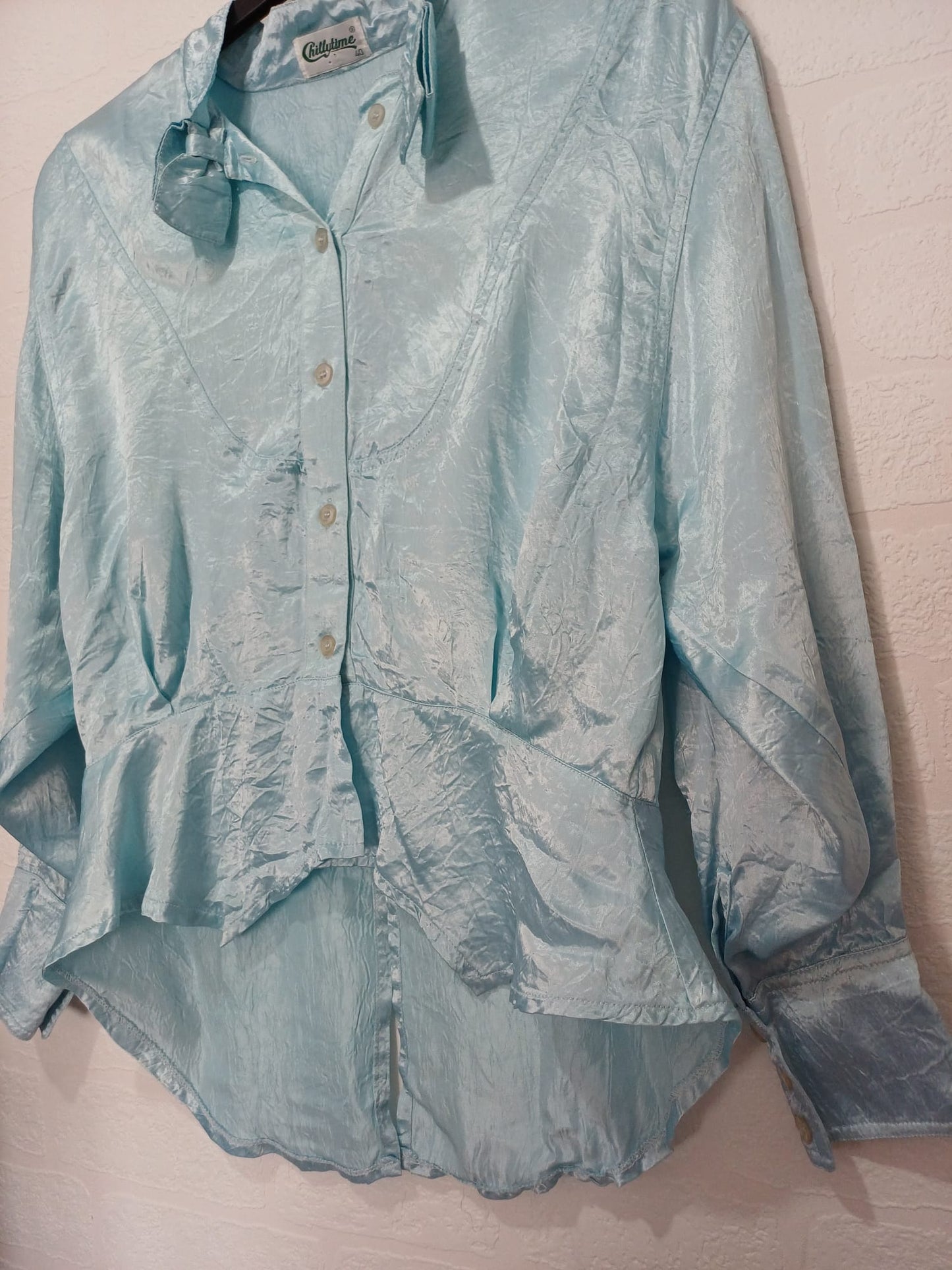 Women's Peplum Blouse Chillytime Sky Blue Satin Pussy Bow Vintage Size 14-16 Approx. 22" PTP - Good Condition
