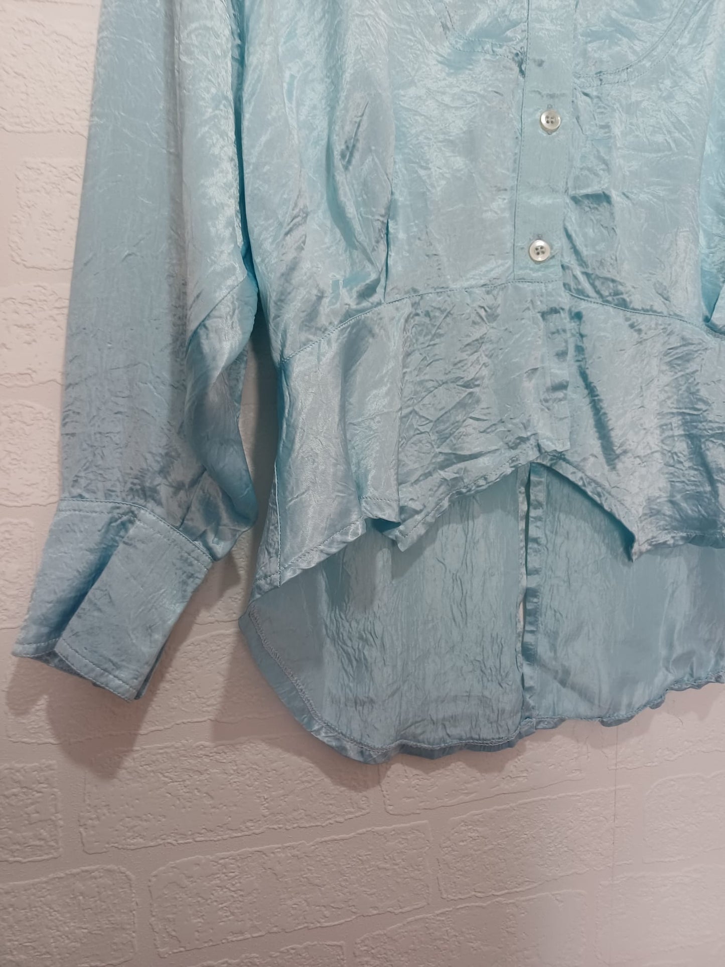Women's Peplum Blouse Chillytime Sky Blue Satin Pussy Bow Vintage Size 14-16 Approx. 22" PTP - Good Condition