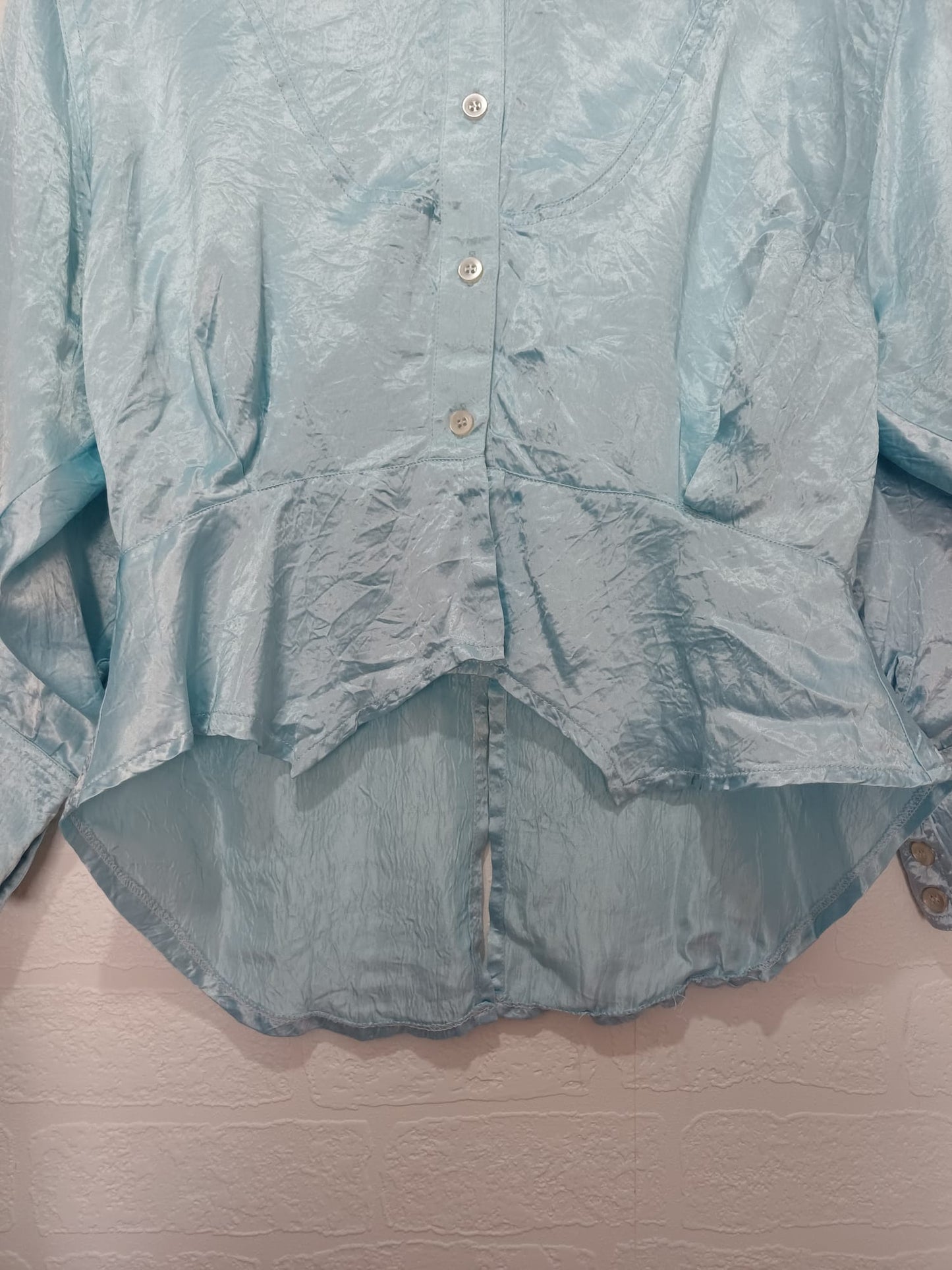 Women's Peplum Blouse Chillytime Sky Blue Satin Pussy Bow Vintage Size 14-16 Approx. 22" PTP - Good Condition
