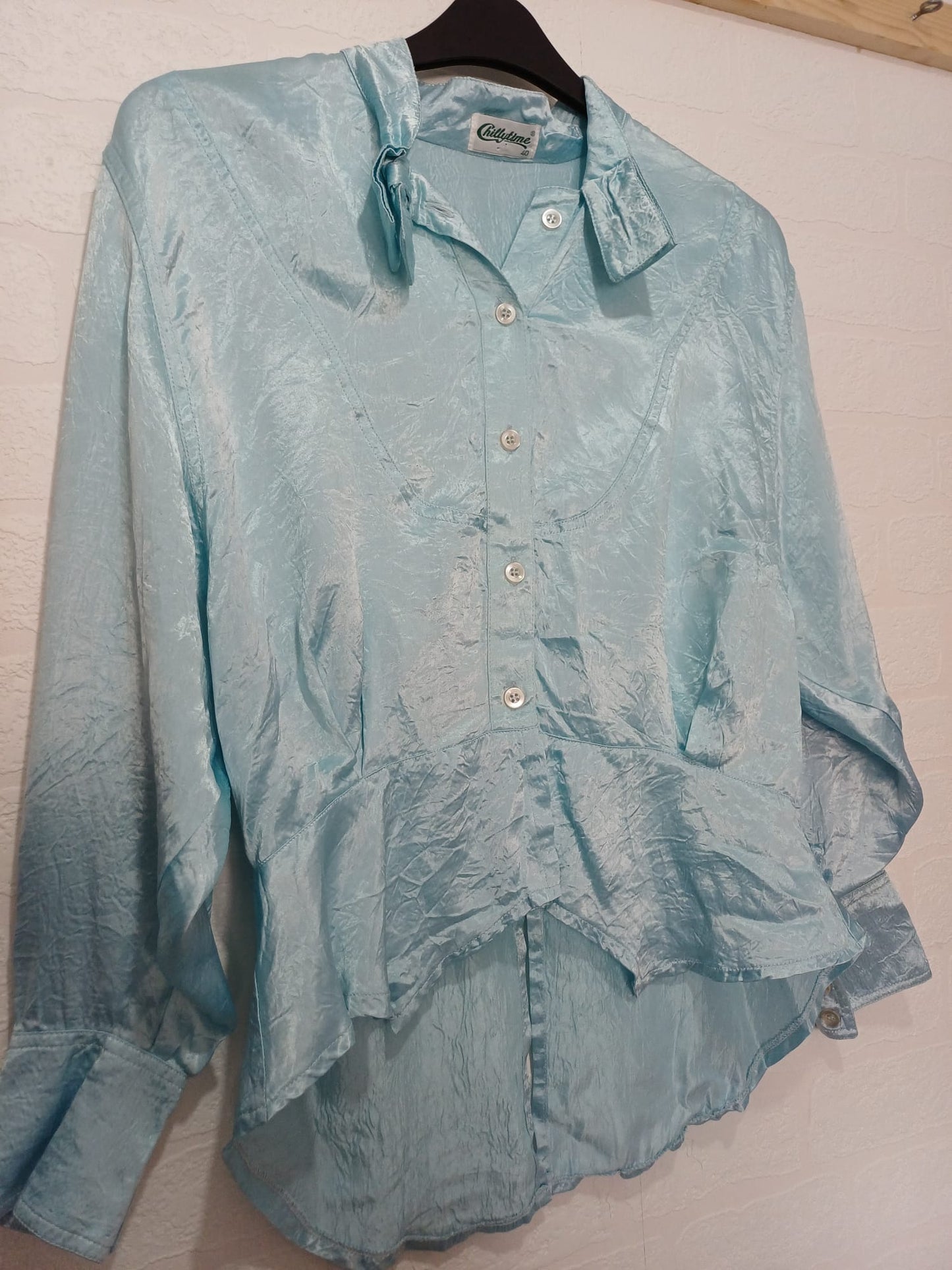 Women's Peplum Blouse Chillytime Sky Blue Satin Pussy Bow Vintage Size 14-16 Approx. 22" PTP - Good Condition