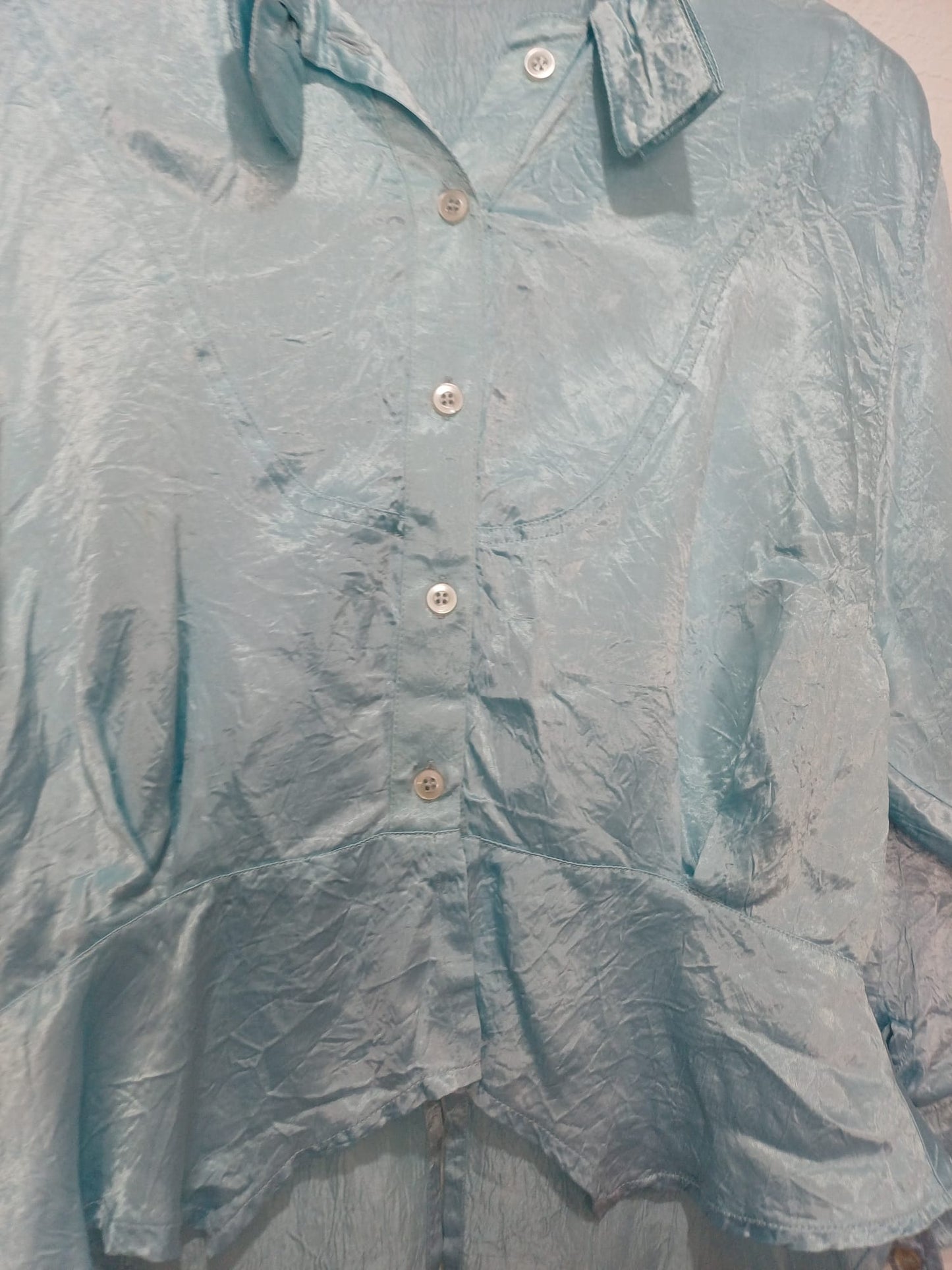 Women's Peplum Blouse Chillytime Sky Blue Satin Pussy Bow Vintage Size 14-16 Approx. 22" PTP - Good Condition