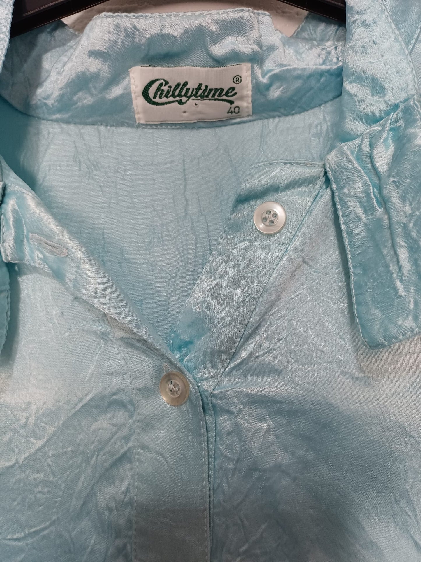 Women's Peplum Blouse Chillytime Sky Blue Satin Pussy Bow Vintage Size 14-16 Approx. 22" PTP - Good Condition