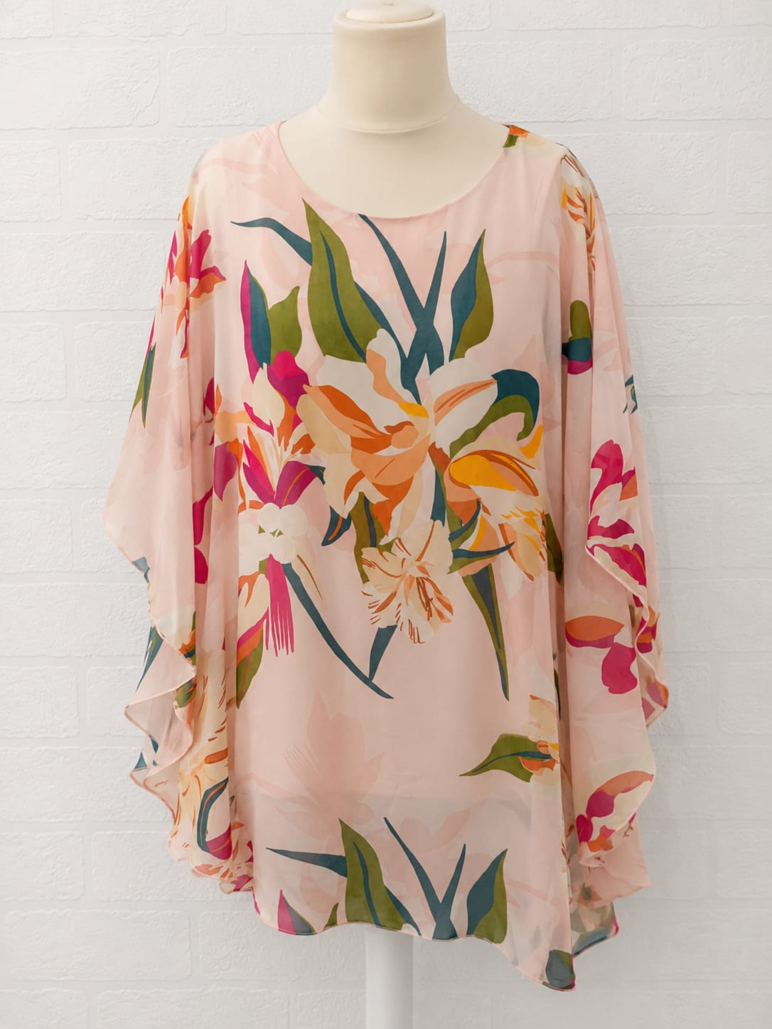 Women's Chiffon Overlay Top Soon Pink Floral Float Round Neckline Size 16 - Good Condition