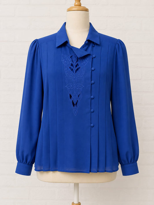 Women's Blouse Dana Alexander Royal Blue Embroidered Pleated Sheer Long Sleeve Vintage Size 6 Approx. 17" PTP - Very Good Condition
