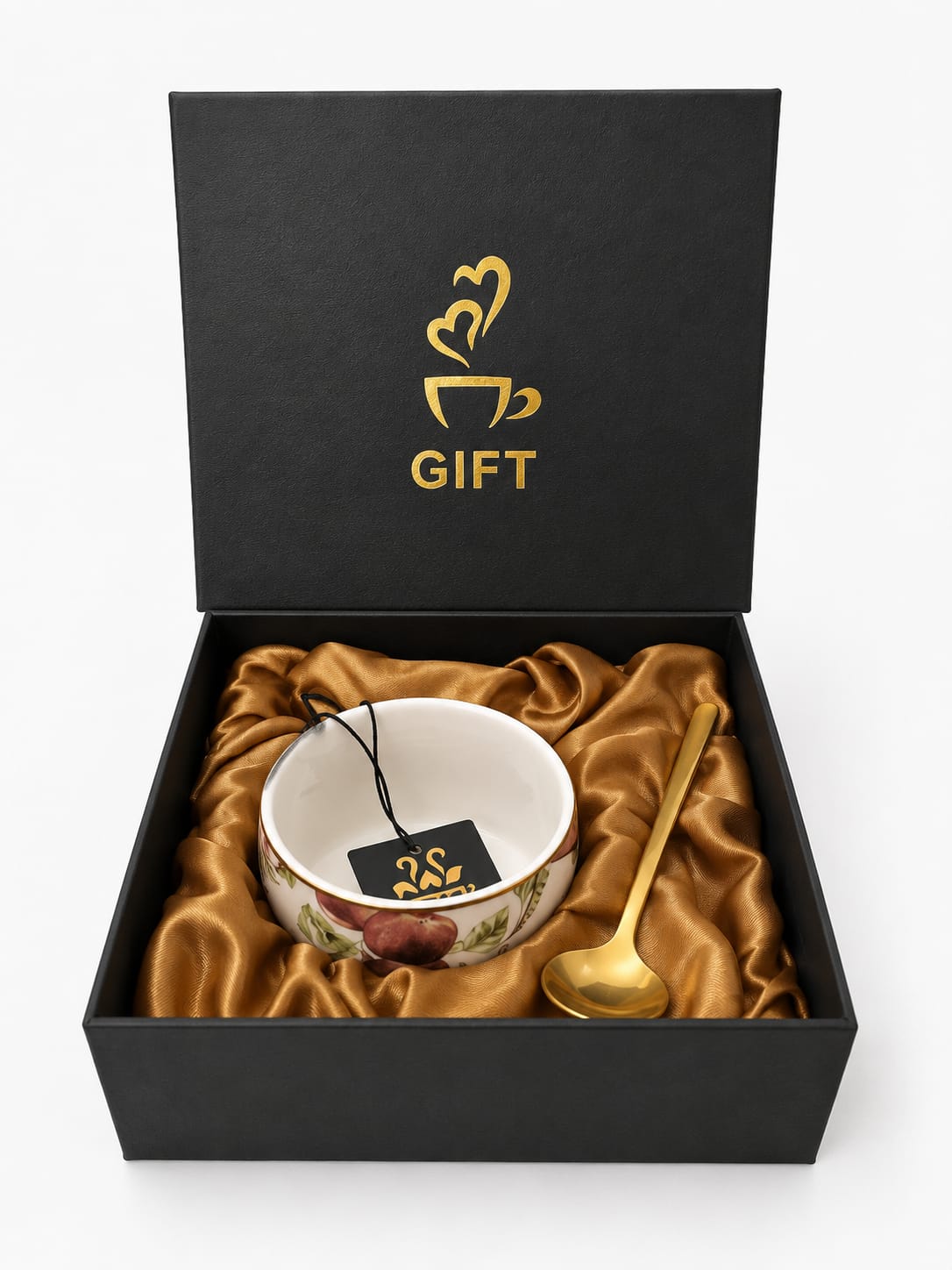 Lotus 1978 Porcelain Mug Set Gold Tone Spoon Hummingbird & Fruit Design - New in Box