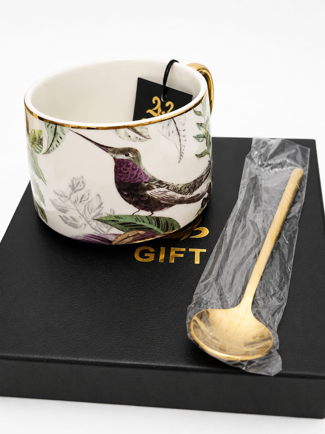 Lotus 1978 Porcelain Mug Set Gold Tone Spoon Hummingbird & Fruit Design - New in Box