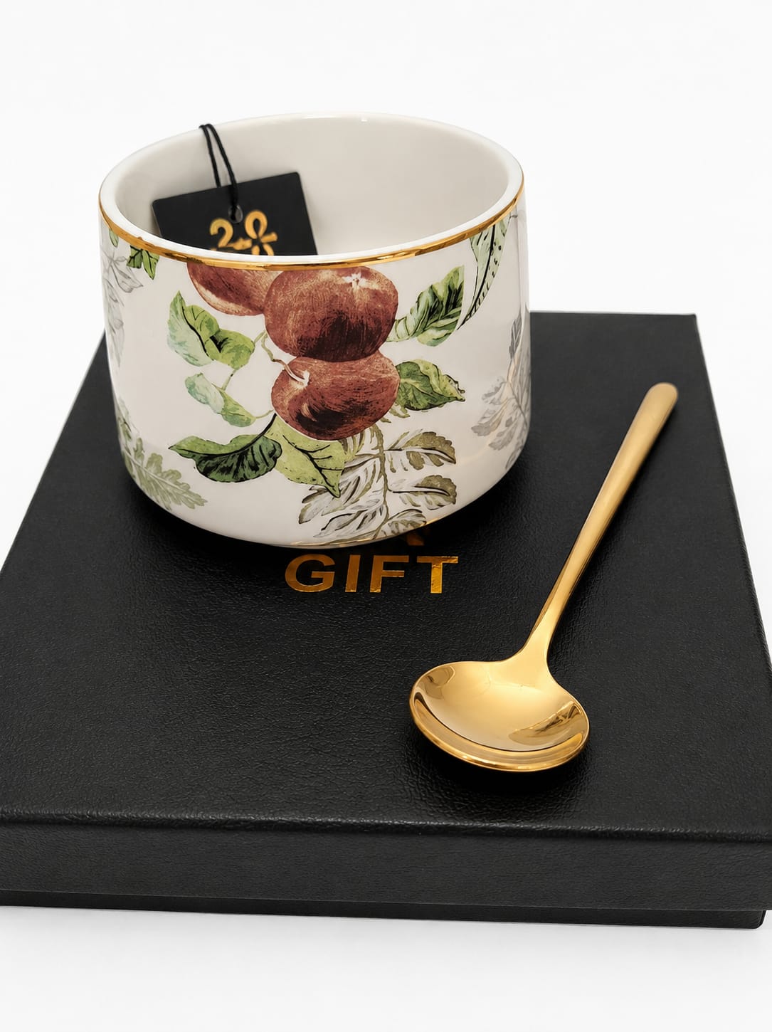 Lotus 1978 Porcelain Mug Set Gold Tone Spoon Hummingbird & Fruit Design - New in Box