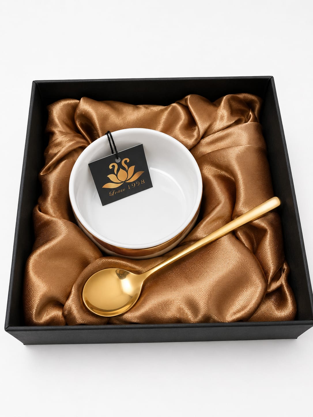 Lotus 1978 Porcelain Mug Set Gold Tone Spoon Hummingbird & Fruit Design - New in Box