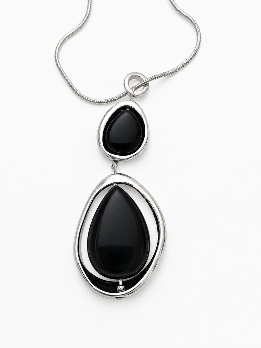 Women's Double Black Teardrop Pendant Necklace Silver Tone Adjustable Sliding Chain 38cm New
