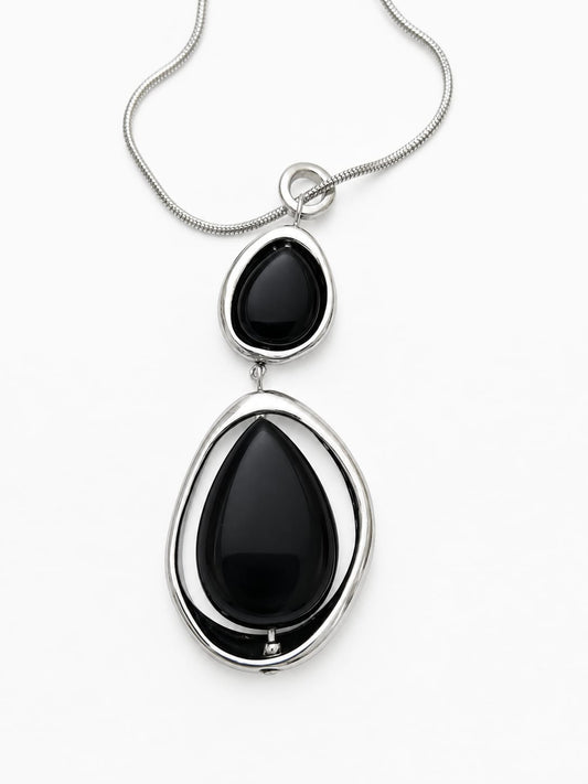 Women's Double Black Teardrop Pendant Necklace Silver Tone Adjustable Sliding Chain 38cm New