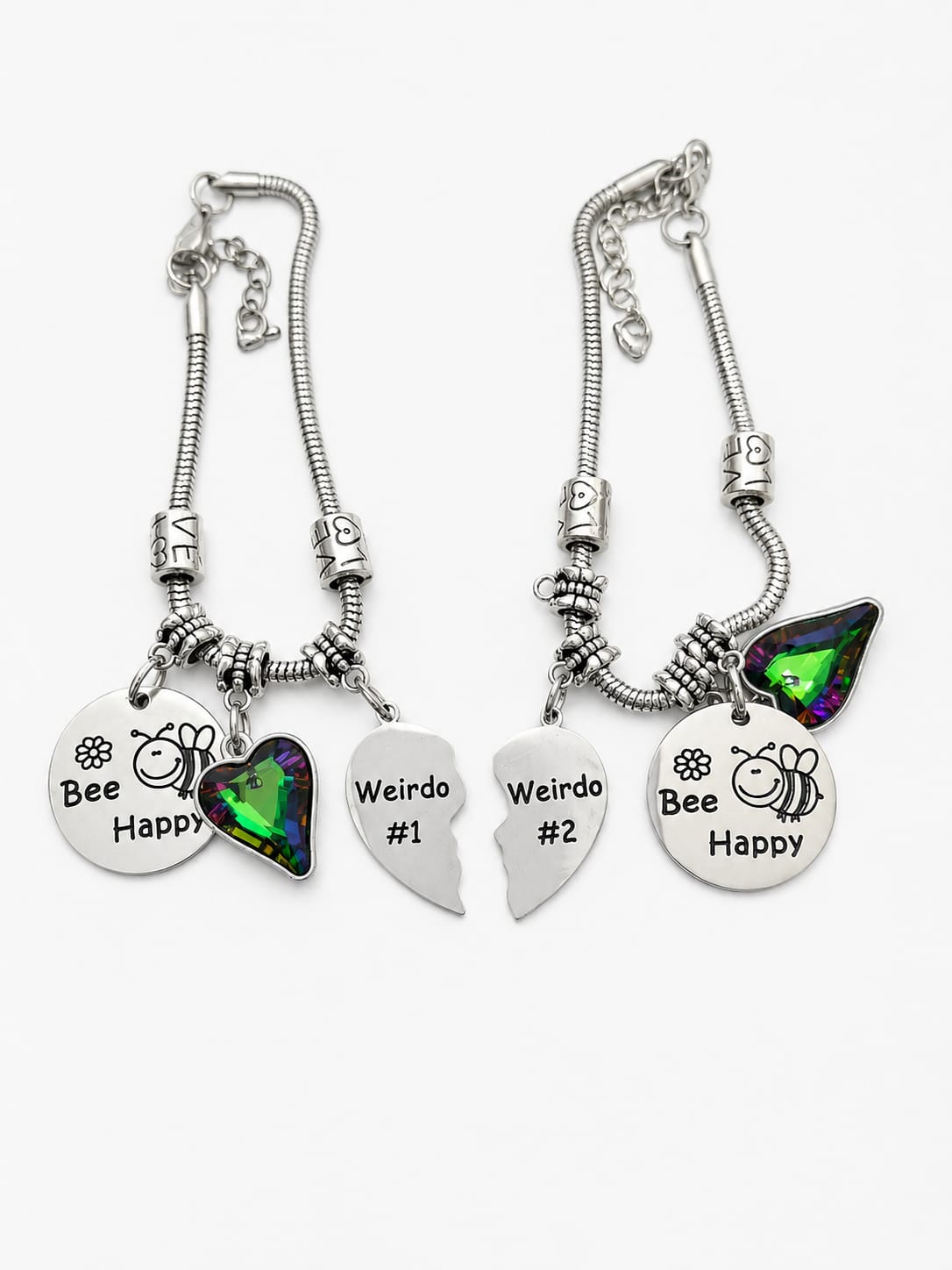 "Weirdo 1" & "Weirdo 2" Matching Friendship Bracelets Set Silver & Green Adult Size Gift Box New
