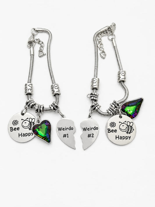 "Weirdo 1" & "Weirdo 2" Matching Friendship Bracelets Set Silver & Green Adult Size Gift Box New