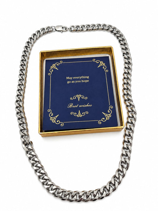 Cuban Curb Chain Necklace Silver Tone 51cm 7.5mm Lobster Clasp Unisex Gift Box New