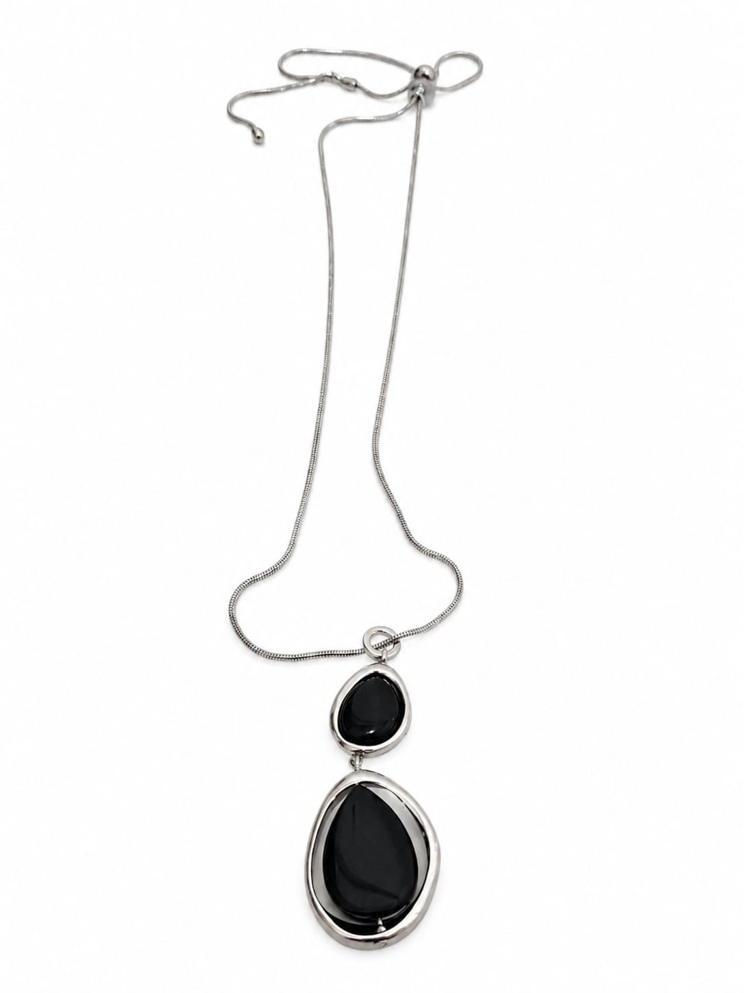 Women's Double Black Teardrop Pendant Necklace Silver Tone Adjustable Sliding Chain 38cm New
