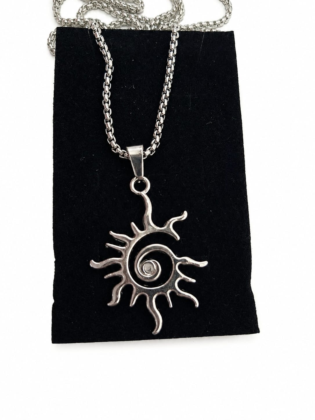 Sun Spiral Pendant Necklace Silver Tone 51cm Chain Boho Festival Gothic