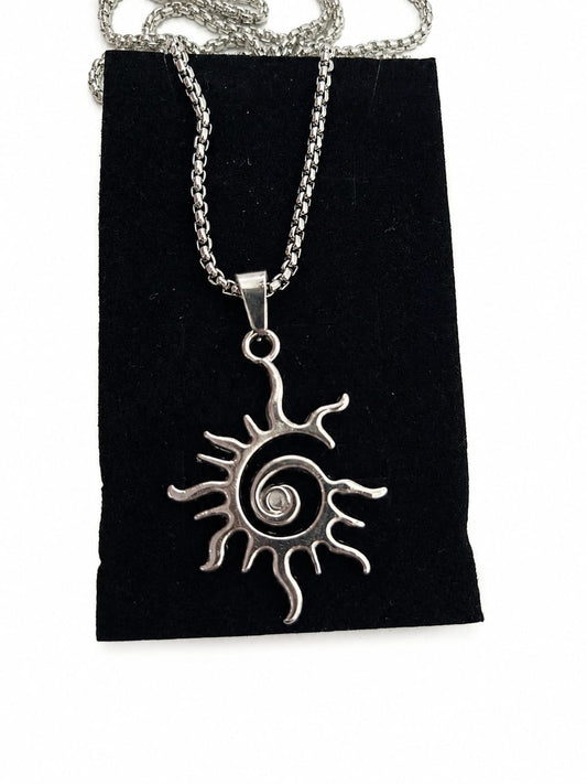 Sun Spiral Pendant Necklace Silver Tone 51cm Chain Boho Festival Gothic