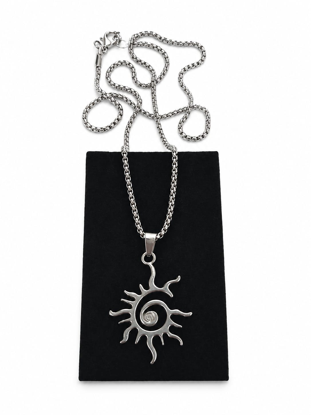 Sun Spiral Pendant Necklace Silver Tone 51cm Chain Boho Festival Gothic