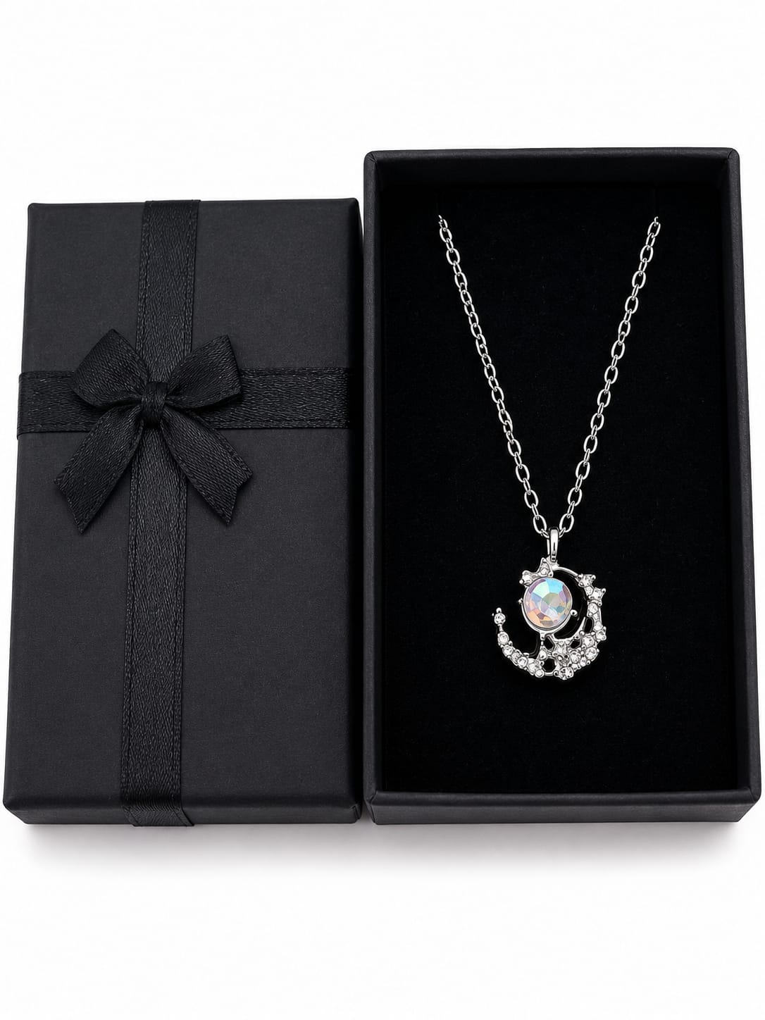 Women's Crystal Moon Pendant Necklace Silver Tone 44cm Iridescent Crystal Gift Box New