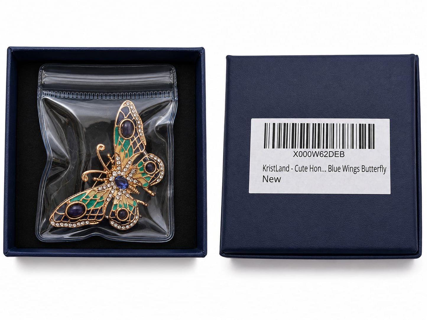 Kristland Butterfly Brooch Blue Green Crystal Rhinestone Gold Tone in Gift Box - New