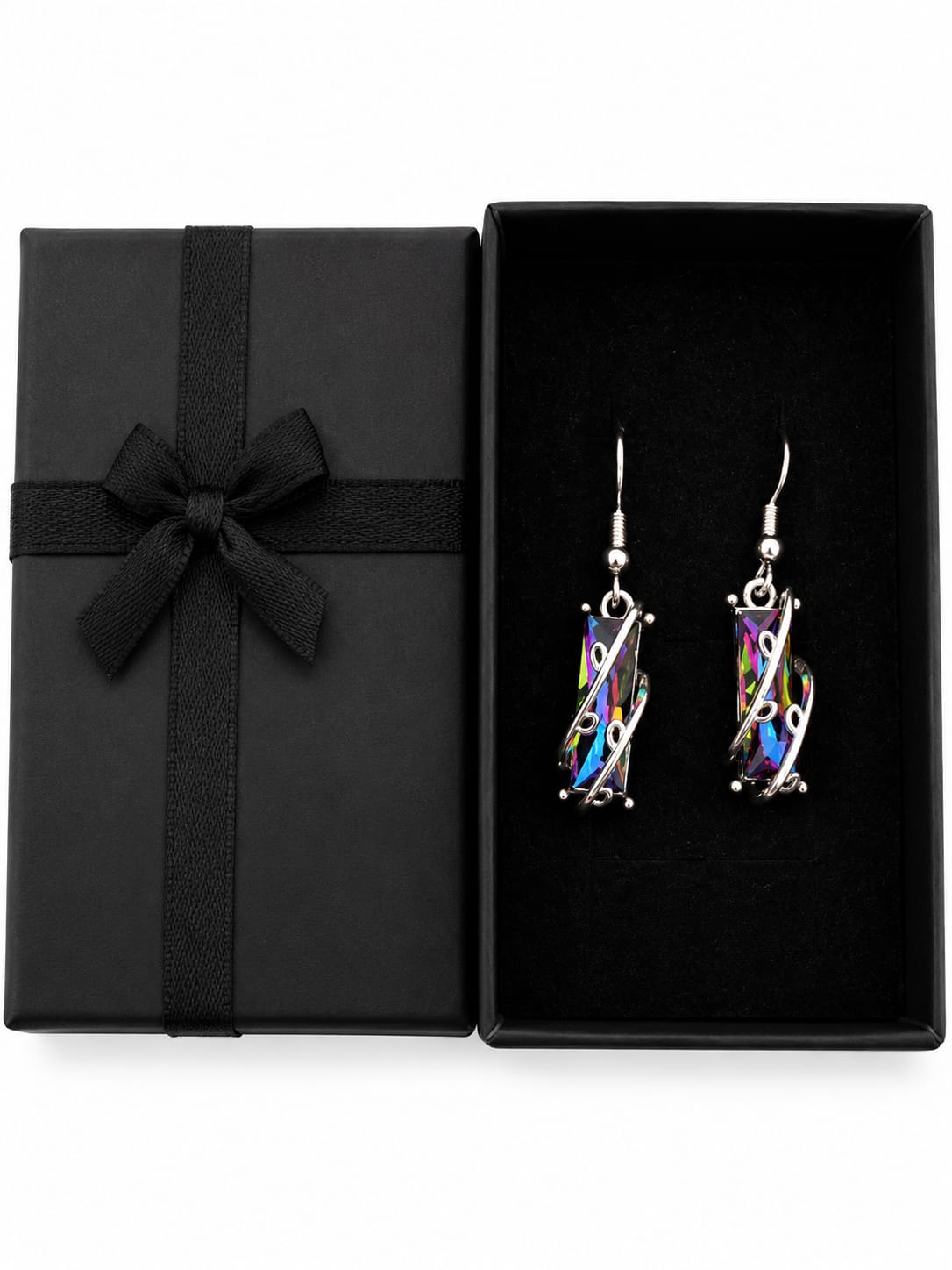 Silver Tone Dangly Rainbow Crystal Earrings in Gift Box - New