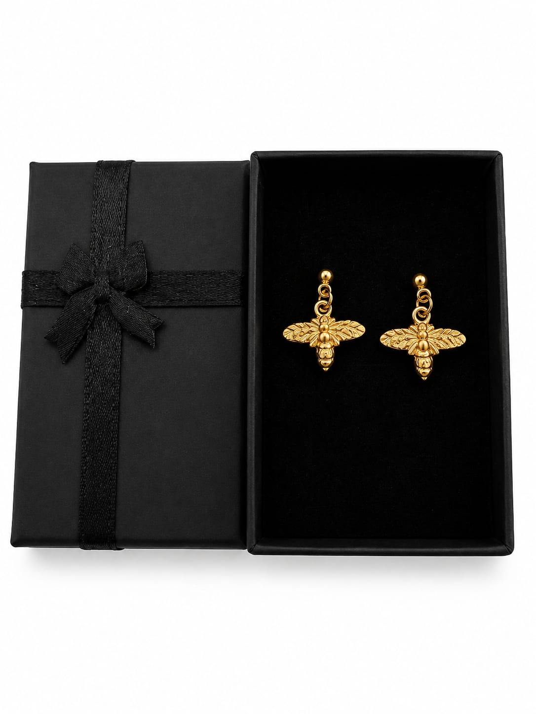 Gold Tone Bee Drop Down Earrings in Gift Box - New