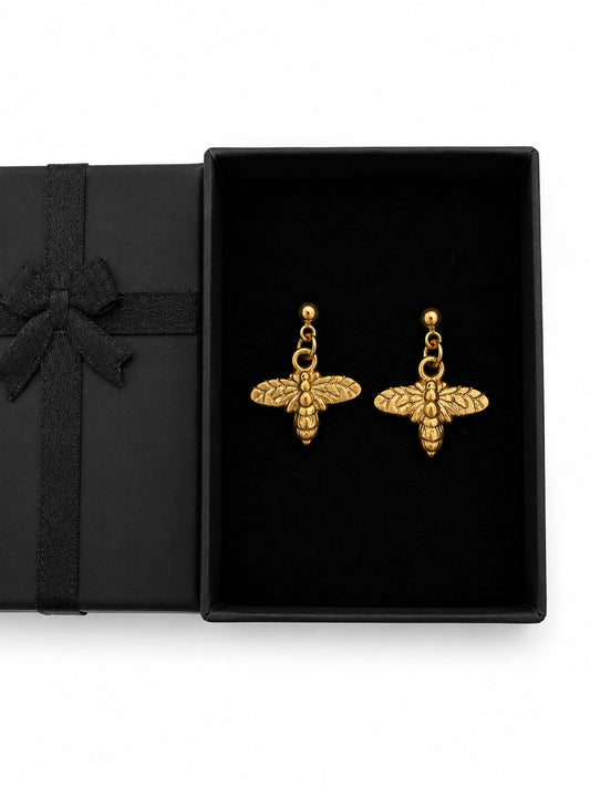 Gold Tone Bee Drop Down Earrings in Gift Box - New