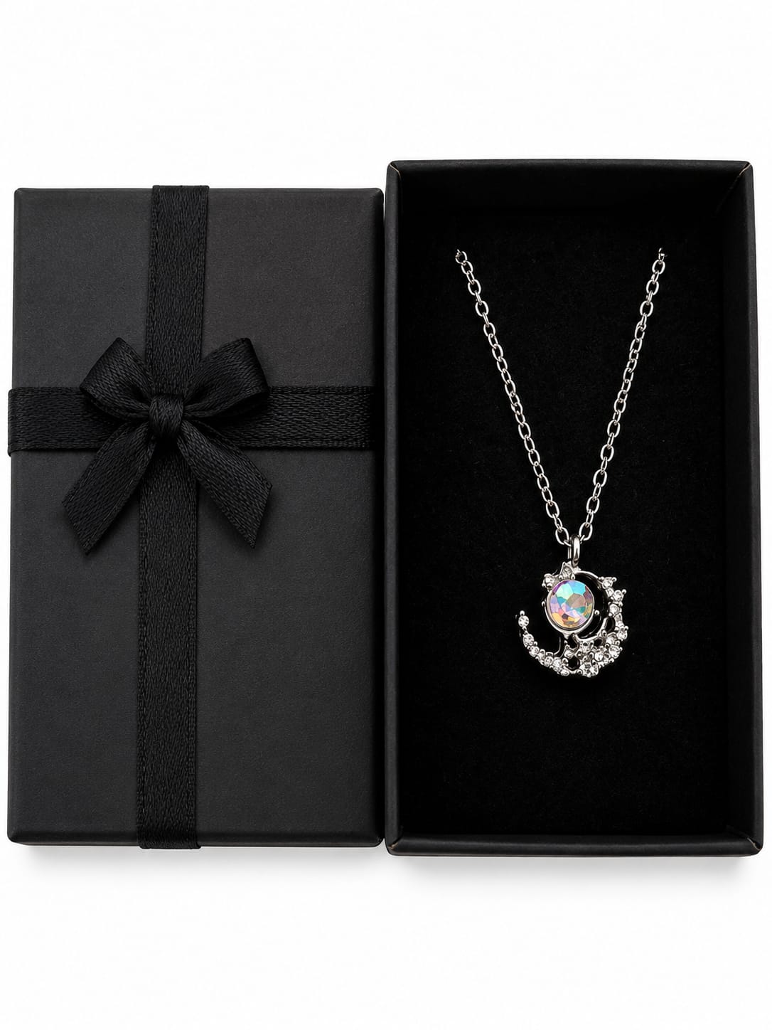 Women's Crystal Moon Pendant Necklace Silver Tone 44cm Iridescent Crystal Gift Box New