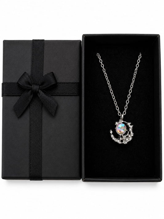 Women's Crystal Moon Pendant Necklace Silver Tone 44cm Iridescent Crystal Gift Box New