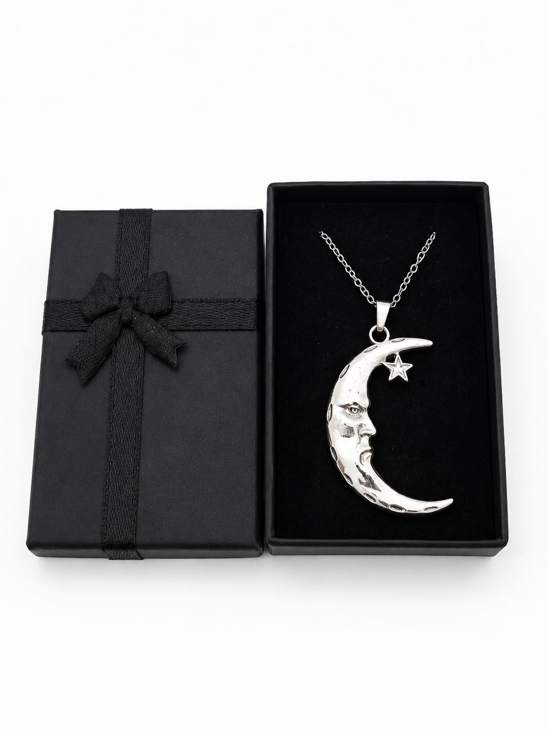 Women's Stainless Steel Moon & Star Pendant Necklace Silver 51cm Everyday Wear Gift Box New