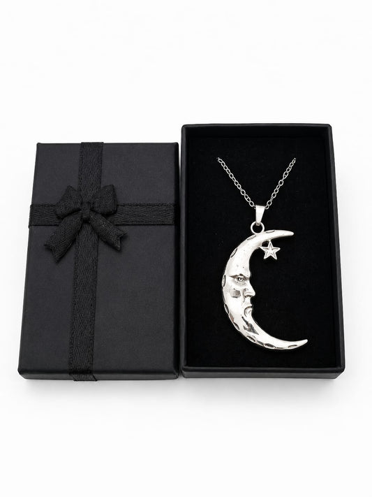 Women's Stainless Steel Moon & Star Pendant Necklace Silver 51cm Everyday Wear Gift Box New