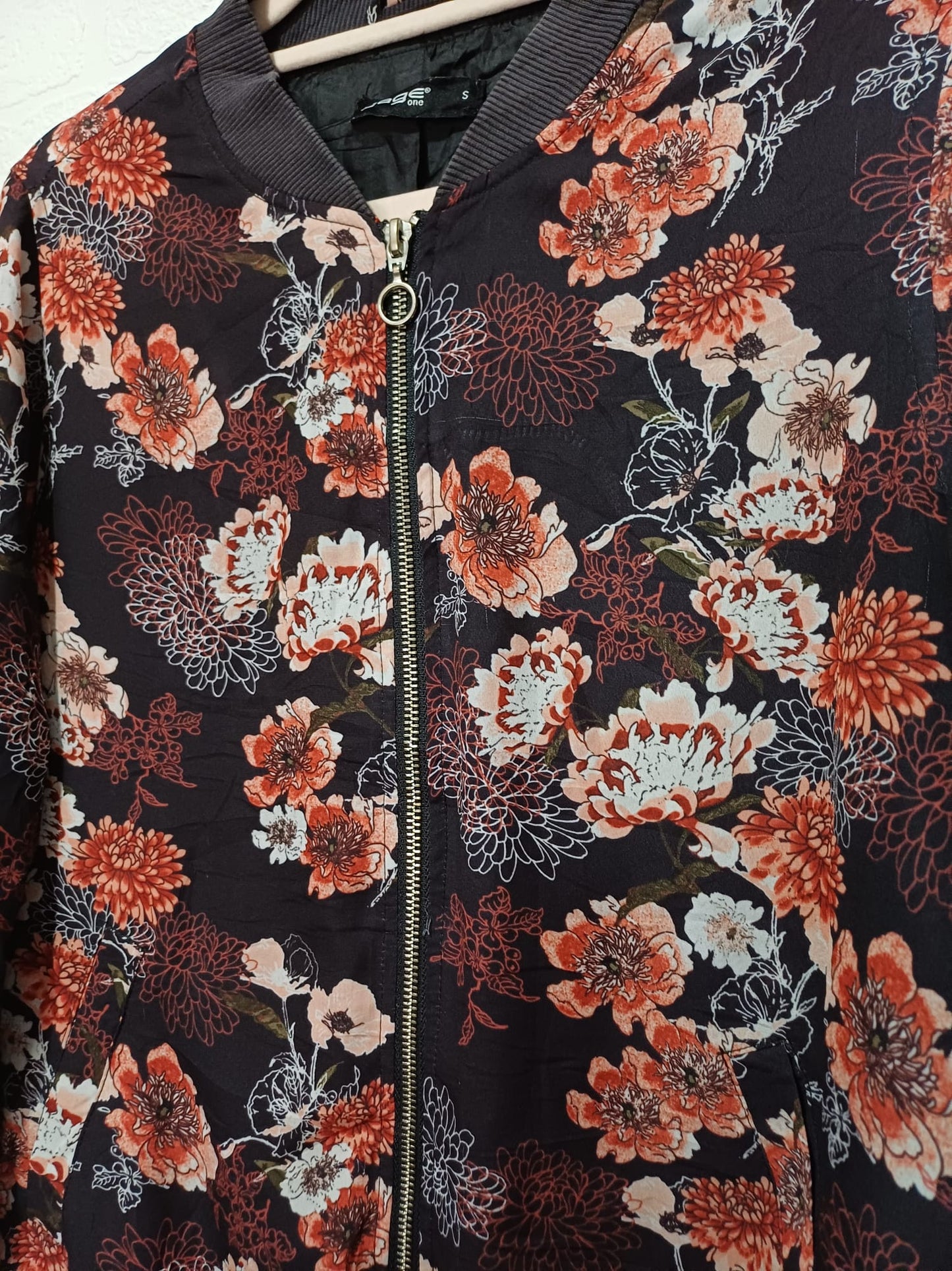 Women's Jacket Page One Black Brown & Orange Floral Lightweight Size S Approx. 19" PTP - Very Good Condition