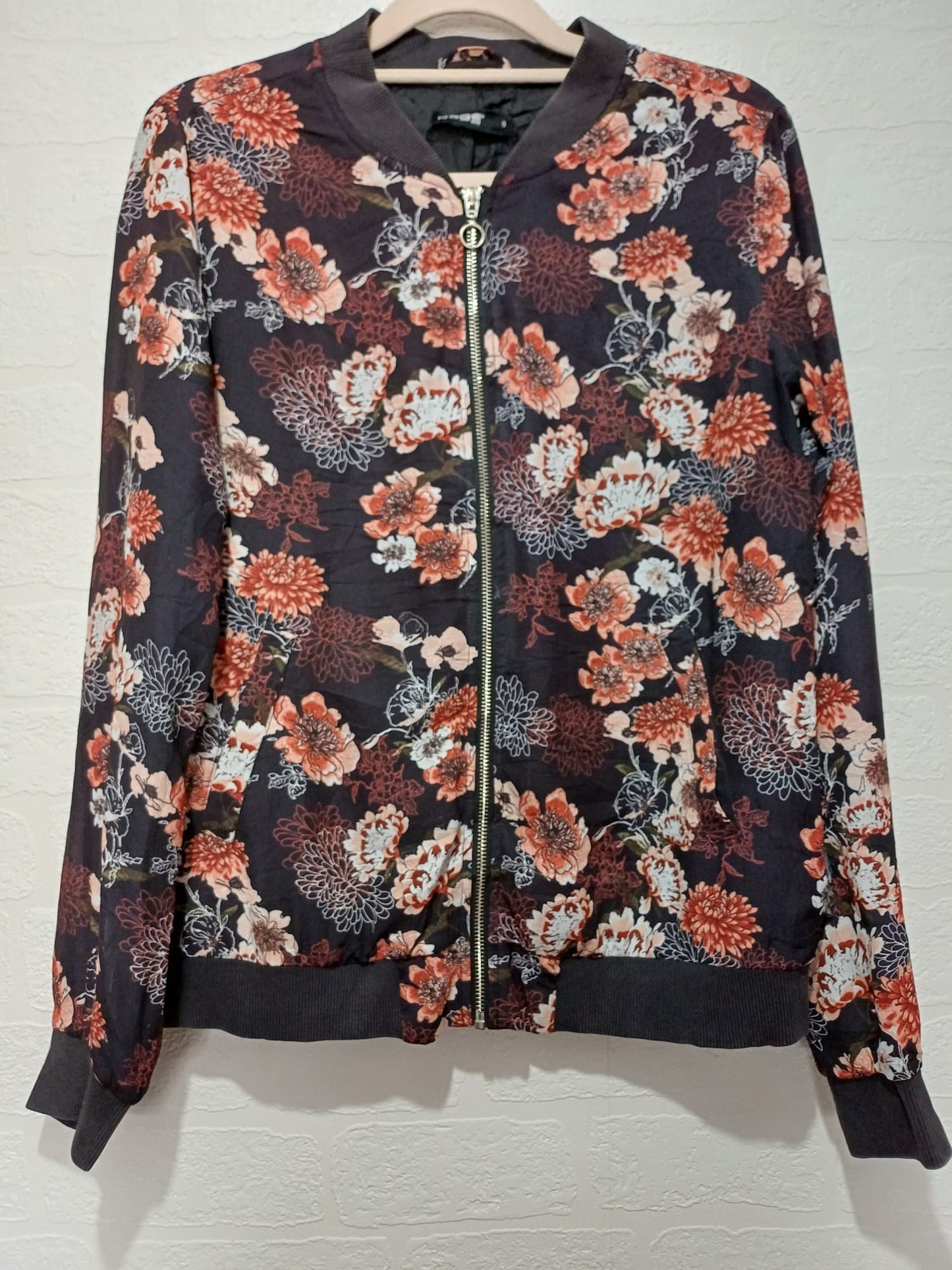 Women's Jacket Page One Black Brown & Orange Floral Lightweight Size S Approx. 19" PTP - Very Good Condition