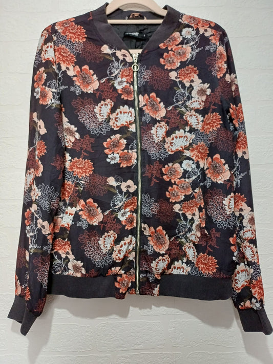 Women's Jacket Page One Black Brown & Orange Floral Lightweight Size S Approx. 19" PTP - Very Good Condition